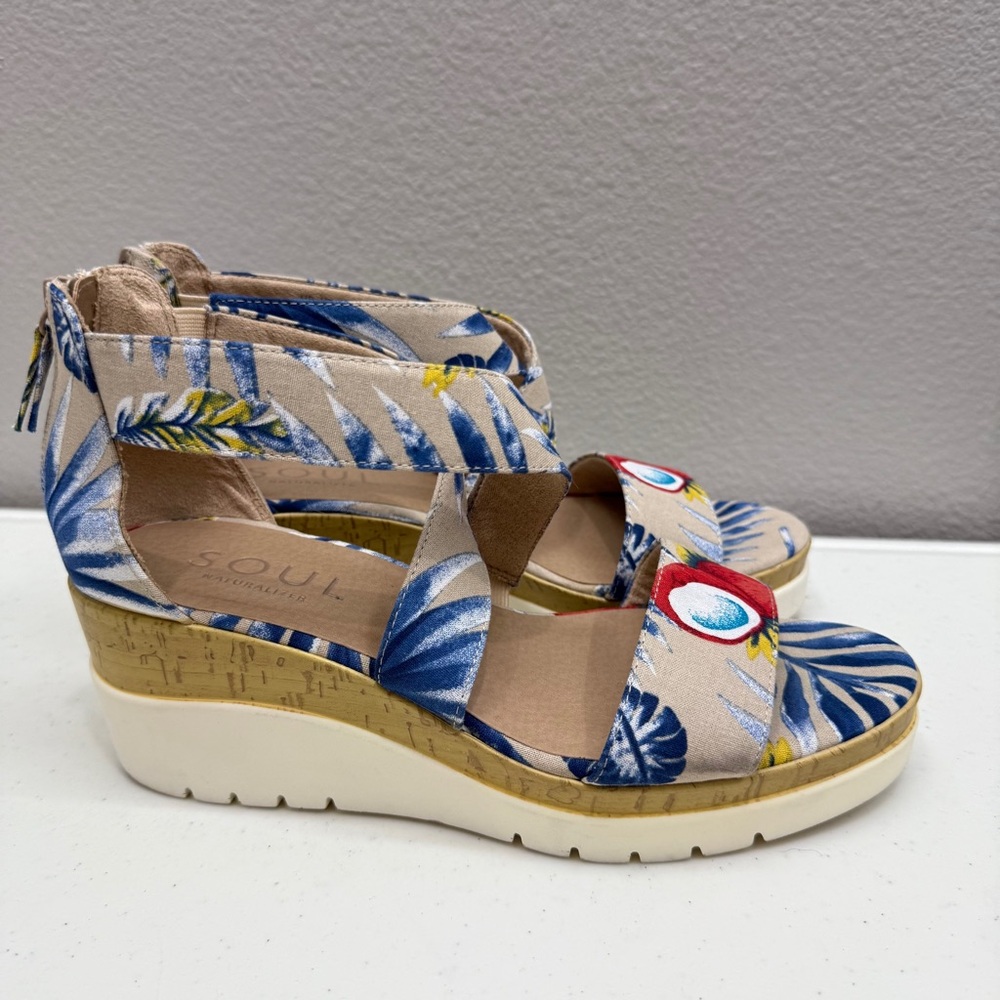 SOUL Naturalizer Goodtimes Crisscross Wedge Sandals Size 8 Tropical Blue Floral - Picture 4 of 10